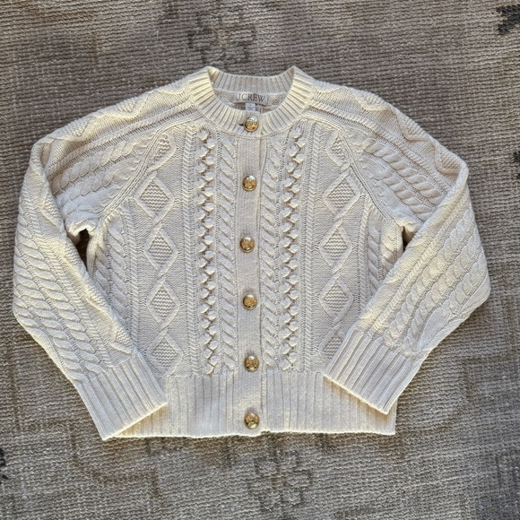 J. Crew Sweaters - J Crew Ivory Cable Knit Brass Button Cardigan